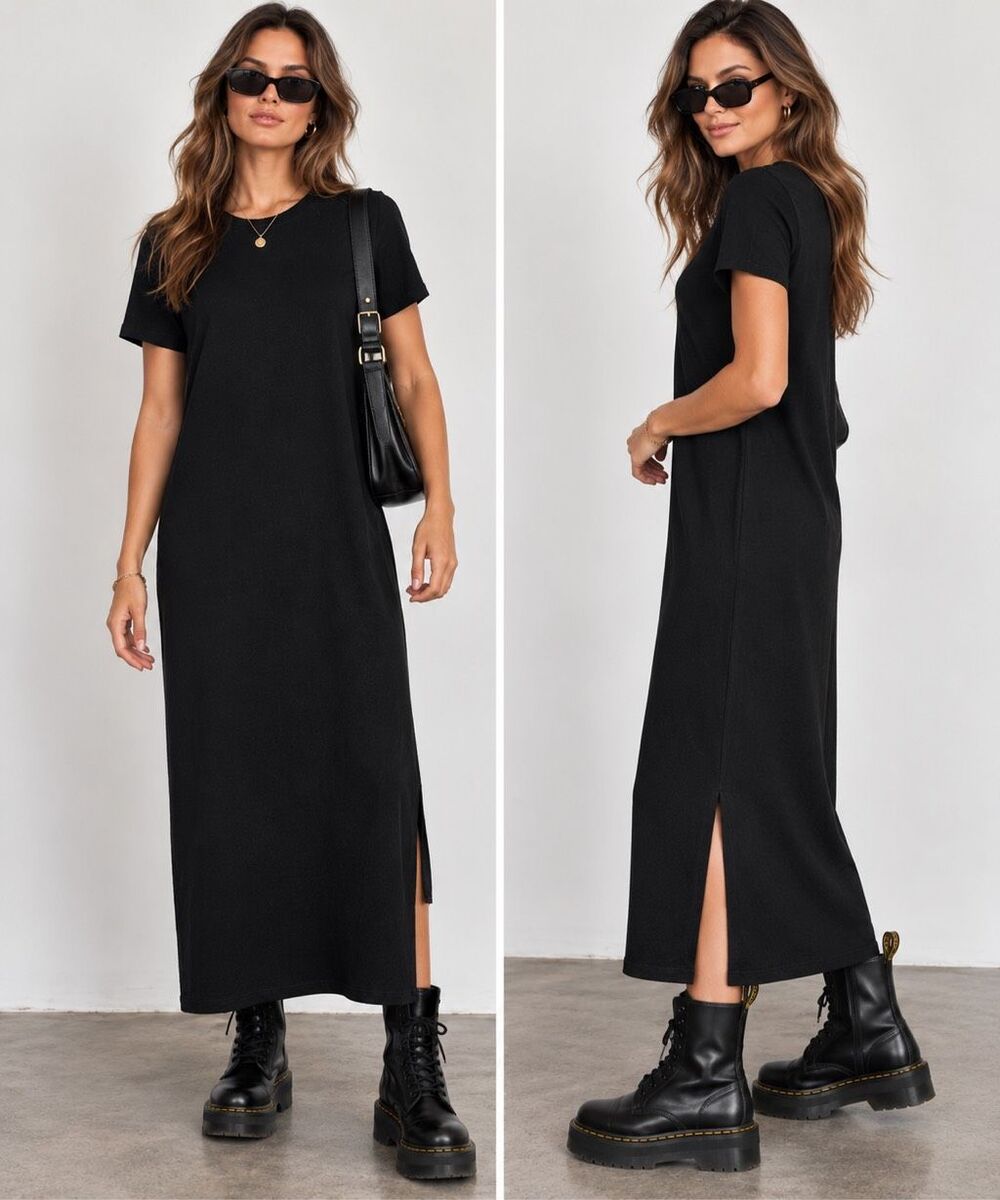 Lennie Nina Leonard Black Knit Maxi T Shirt Sweater Dress Side Slit Size M